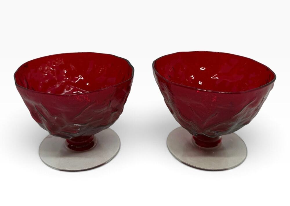 VTG Seneca Glass Driftwood Pattern 3” Ruby Red Champagne Tall Sherbets - A Pair